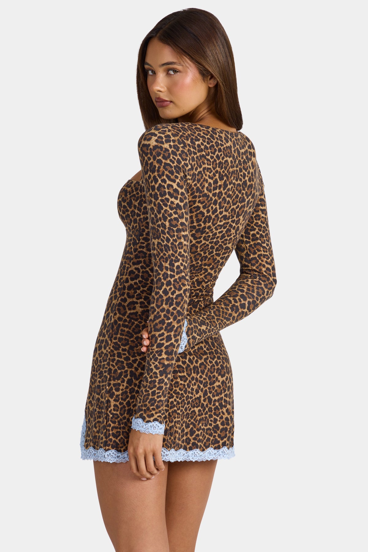 Belavie Luelle Modal Lace-Trim Long-Sleeve Mini Dress in Leopard