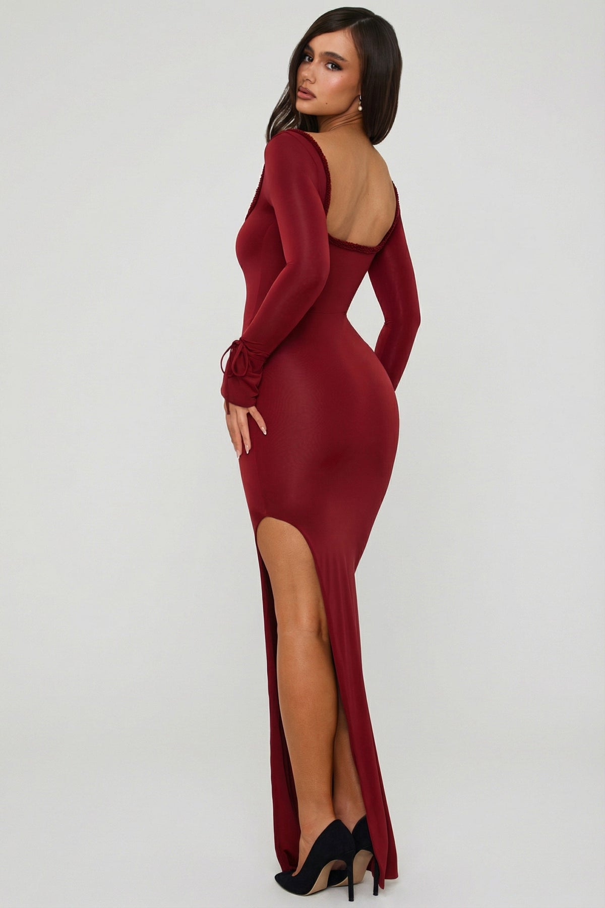 Belavie Matilde Ruffle-Trim Cut-Out Maxi Dress in Berry Red