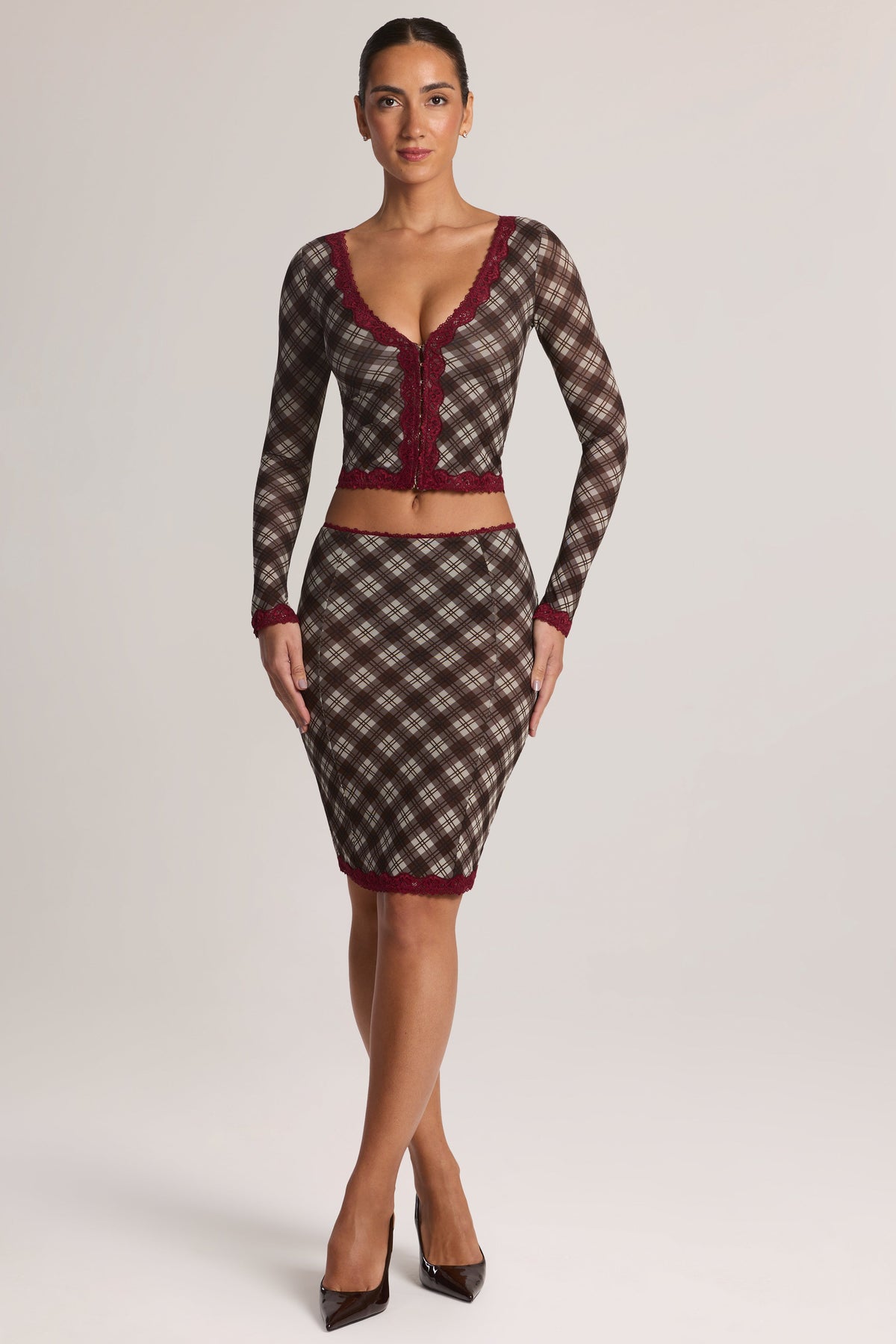 Belavie Menite Lace-Trim Low-Rise Midi Skirt in Diagonal Check Print