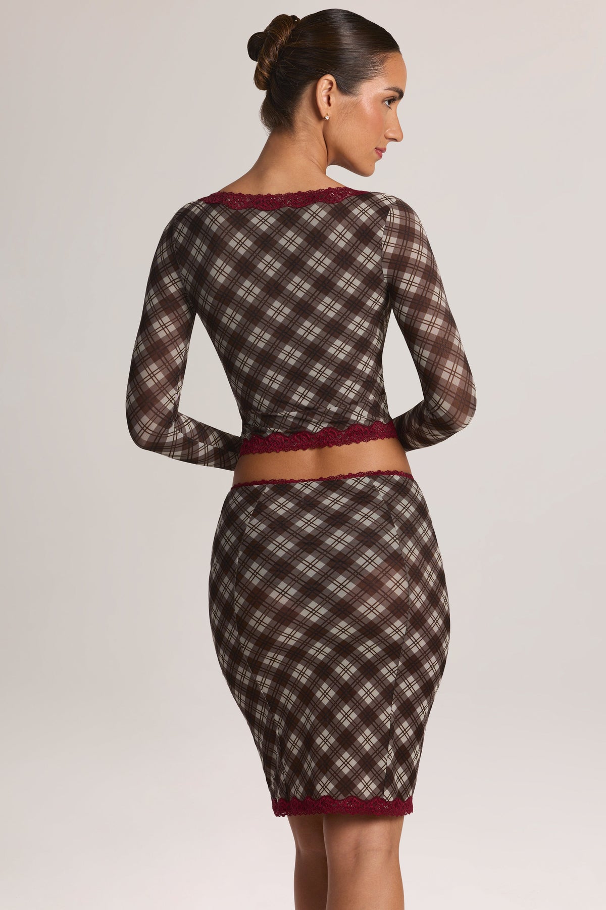 Belavie Menite Lace-Trim Low-Rise Midi Skirt in Diagonal Check Print