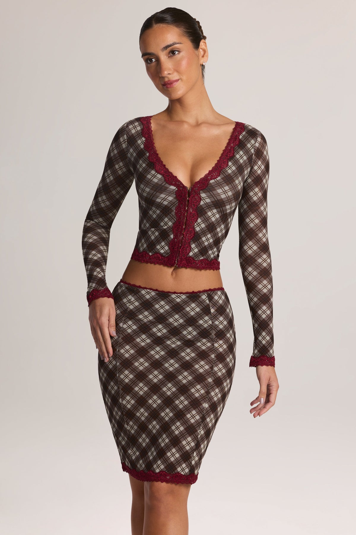 Belavie Menite Lace-Trim Low-Rise Midi Skirt in Diagonal Check Print