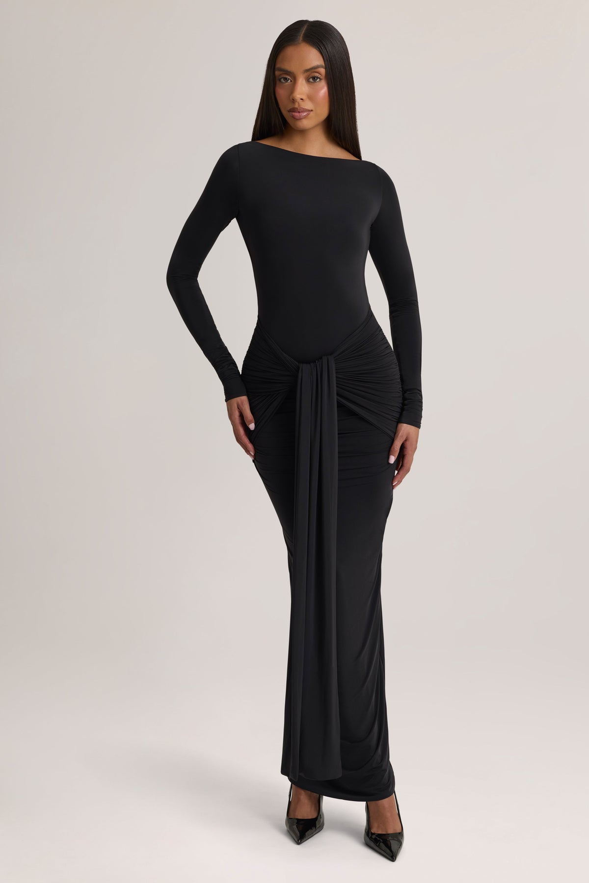 Belavie Mericie Soft Jersey Boat-Neck Tie-Gather Maxi Dress in Black