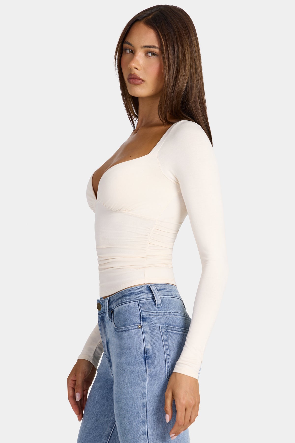 Belavie Modal Ruched Long-Sleeve Top in Oat