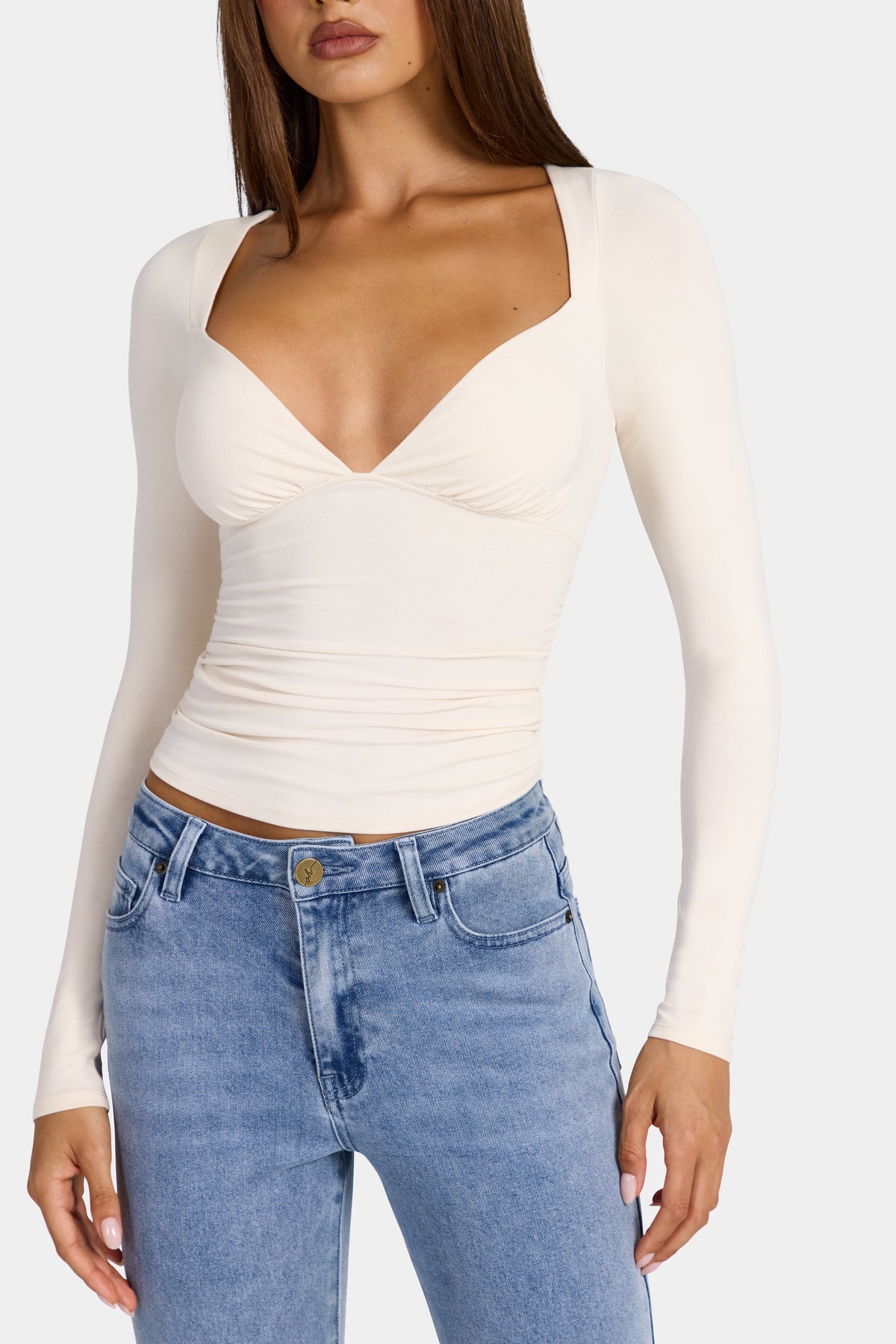 Belavie Modal Ruched Long-Sleeve Top in Oat