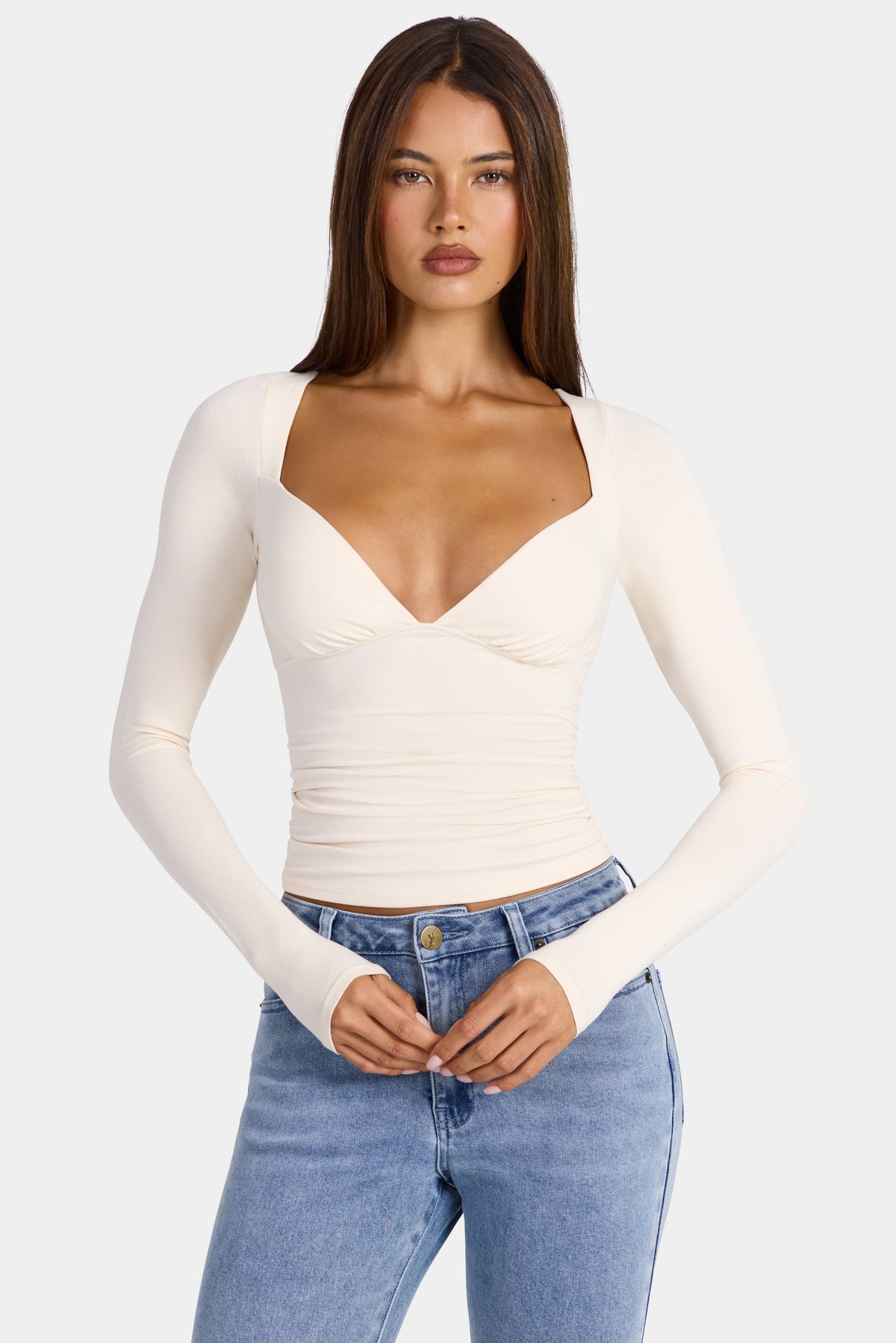 Belavie Modal Ruched Long-Sleeve Top in Oat