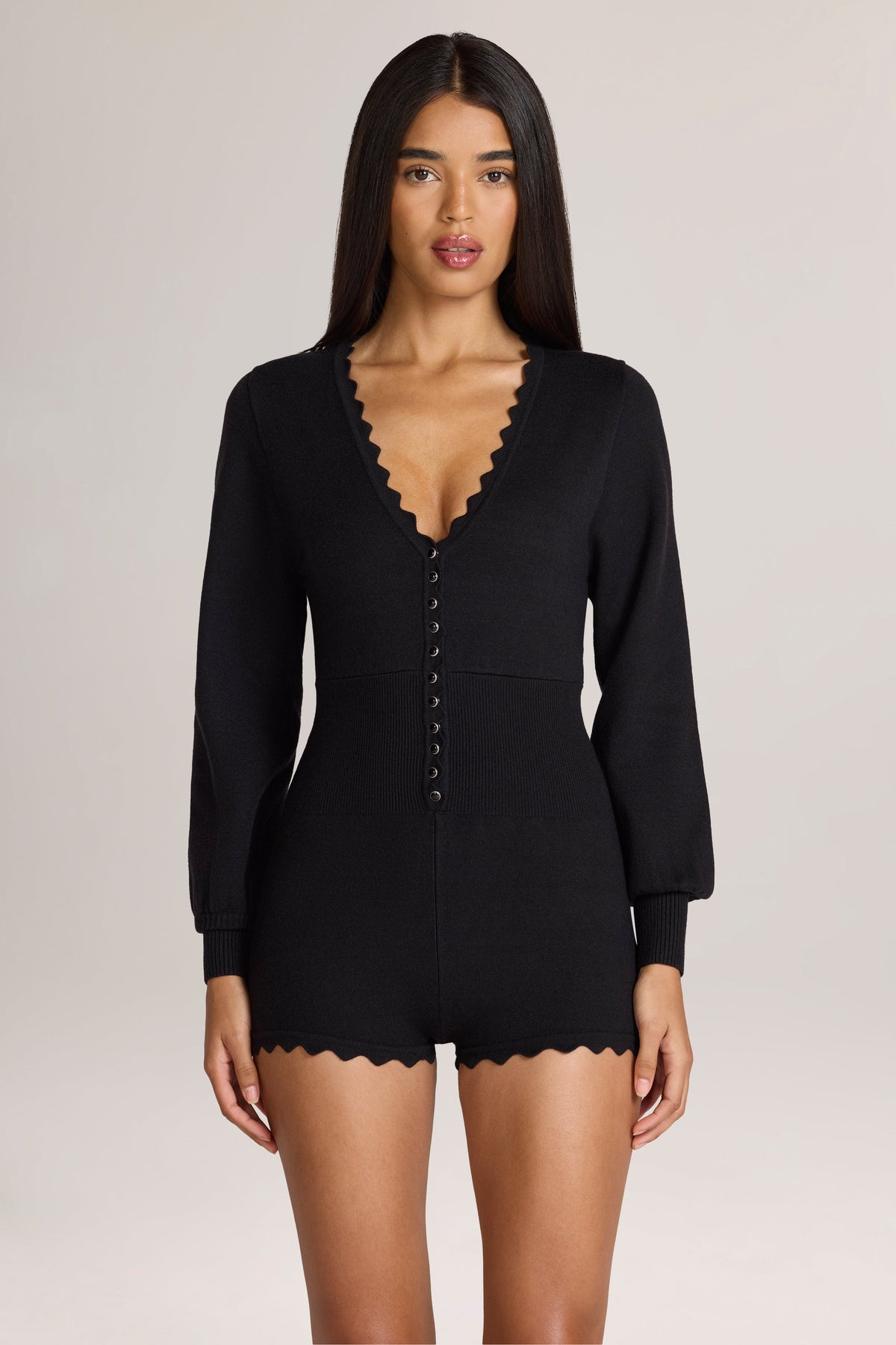 Belavie Myle Knit Long-Sleeve Romper in Black