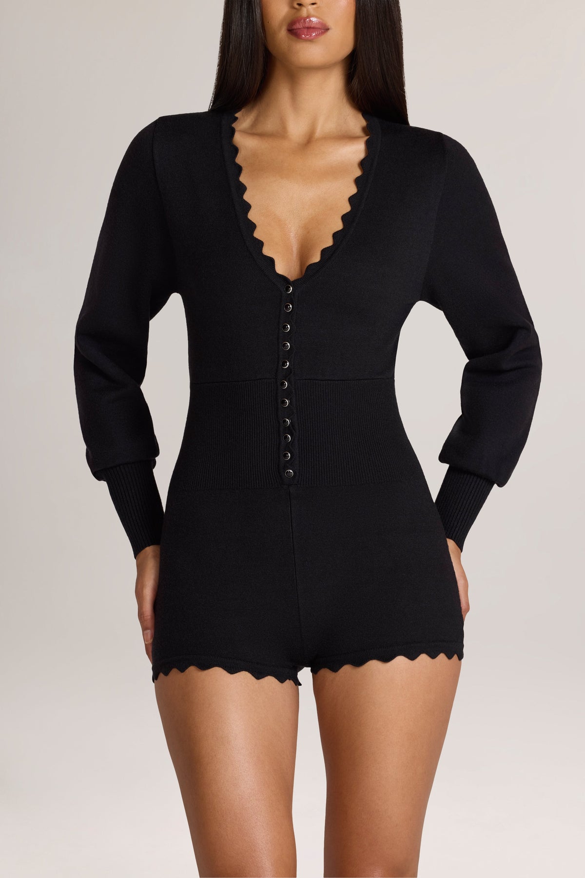 Belavie Myle Knit Long-Sleeve Romper in Black