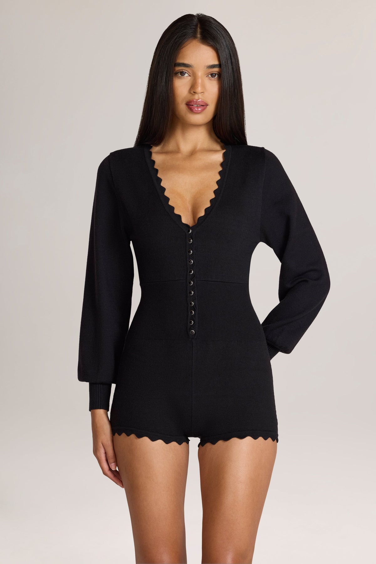 Belavie Myle Knit Long-Sleeve Romper in Black