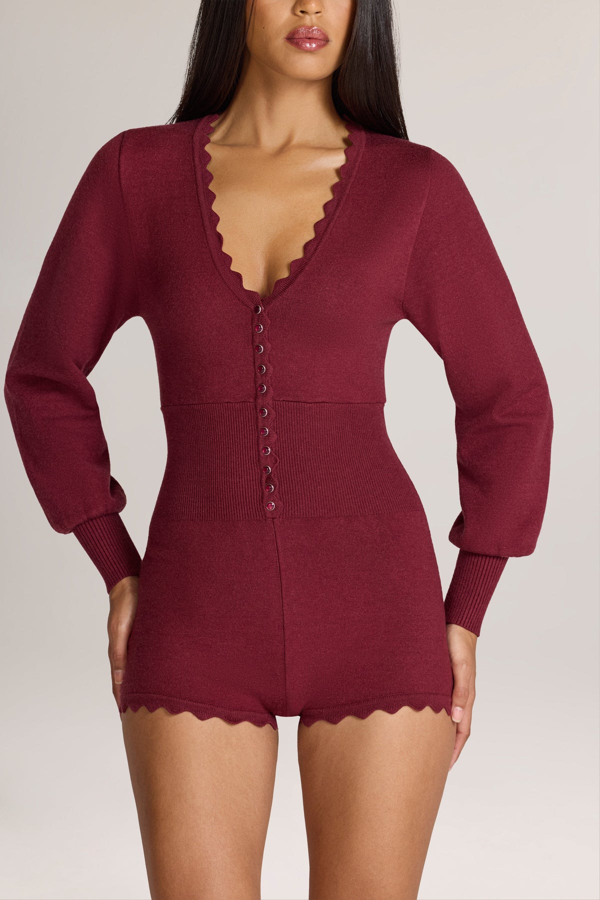 Belavie Myle Knit Long-Sleeve Romper in Wine