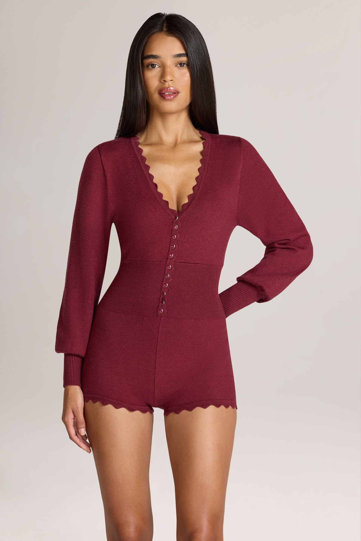 Belavie Myle Knit Long-Sleeve Romper in Wine