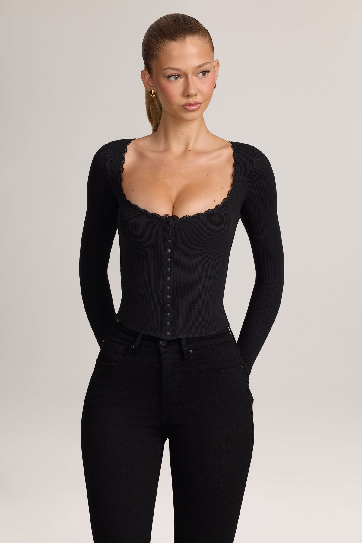Belavie Naleh Ribbed Modal Lace-Trim Cardigan in Black