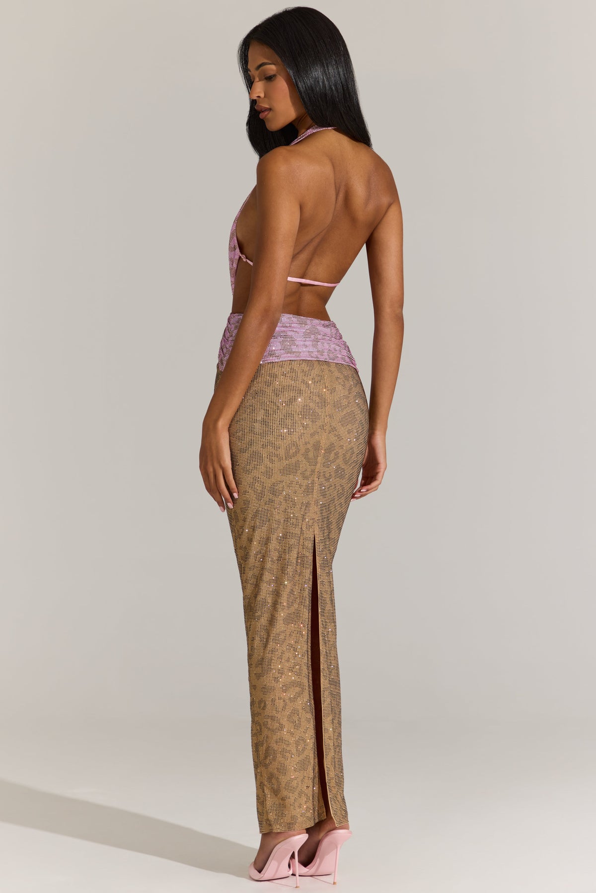 Belavie Natashe Embellished Cut-Out Maxi Dress in Pink Leopard