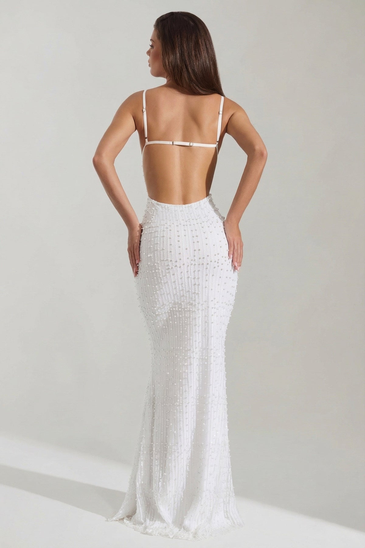Belavie Nivales Embellished Cowl-Neck Backless Maxi Dress in White