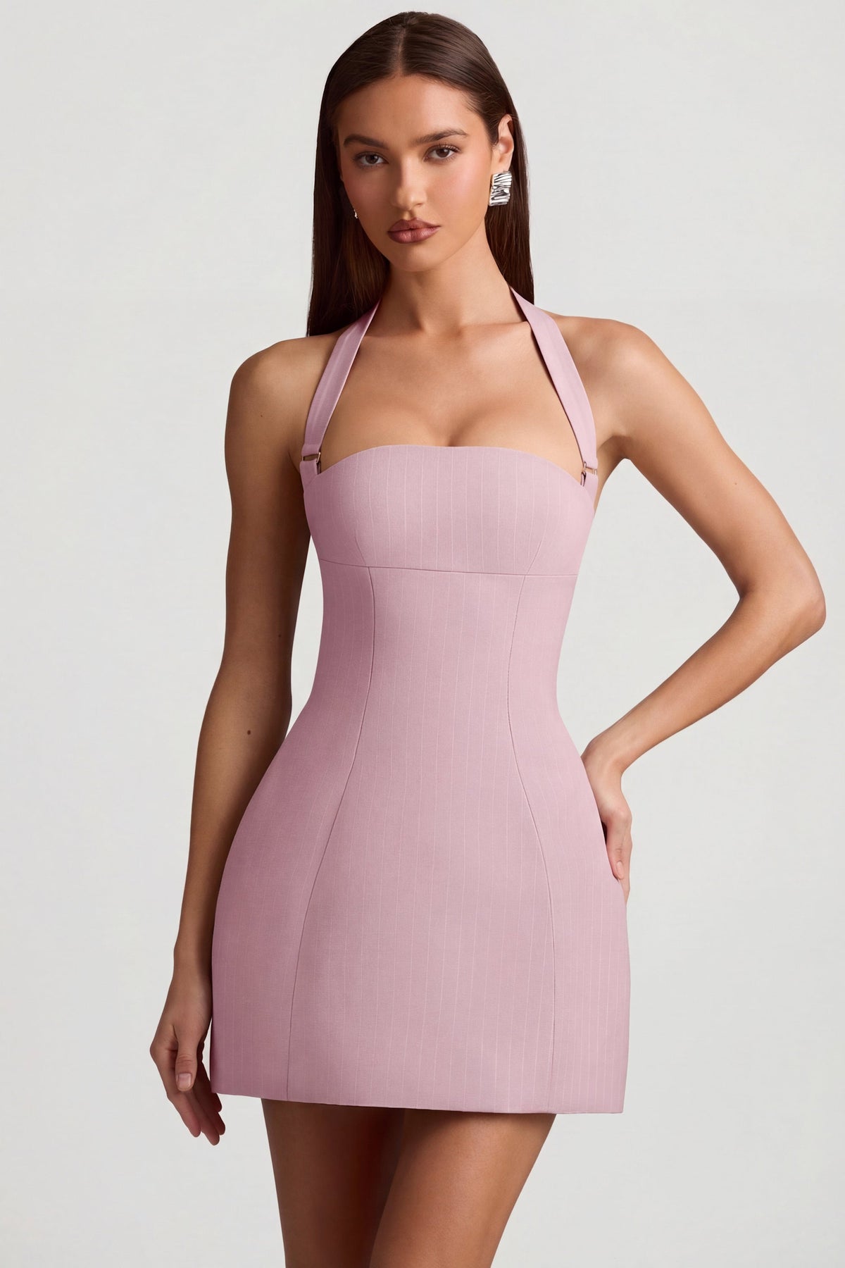 Belavie Odesse Pinstripe Halterneck Structured A-Line Mini Dress in Mauve