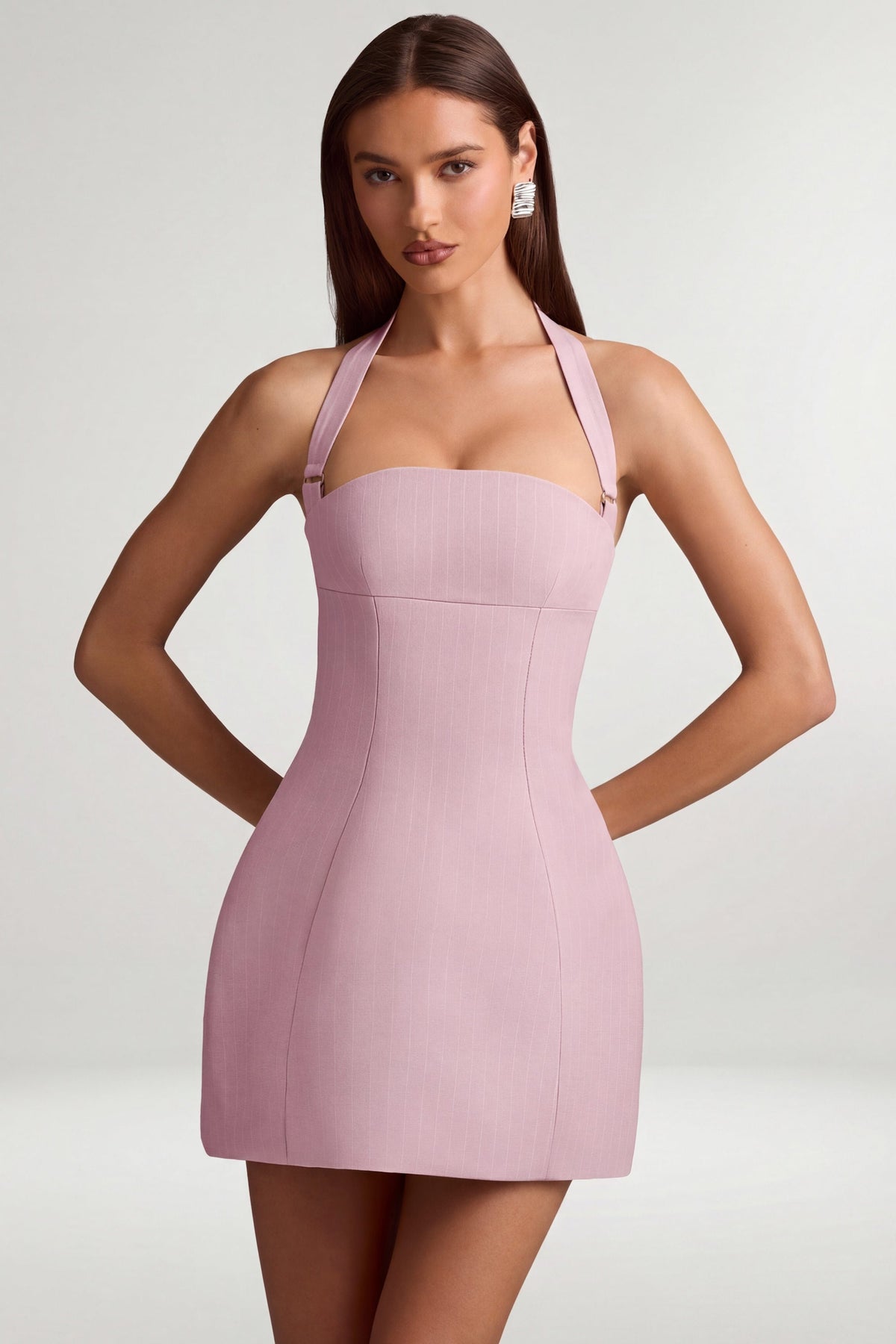 Belavie Odesse Pinstripe Halterneck Structured A-Line Mini Dress in Mauve