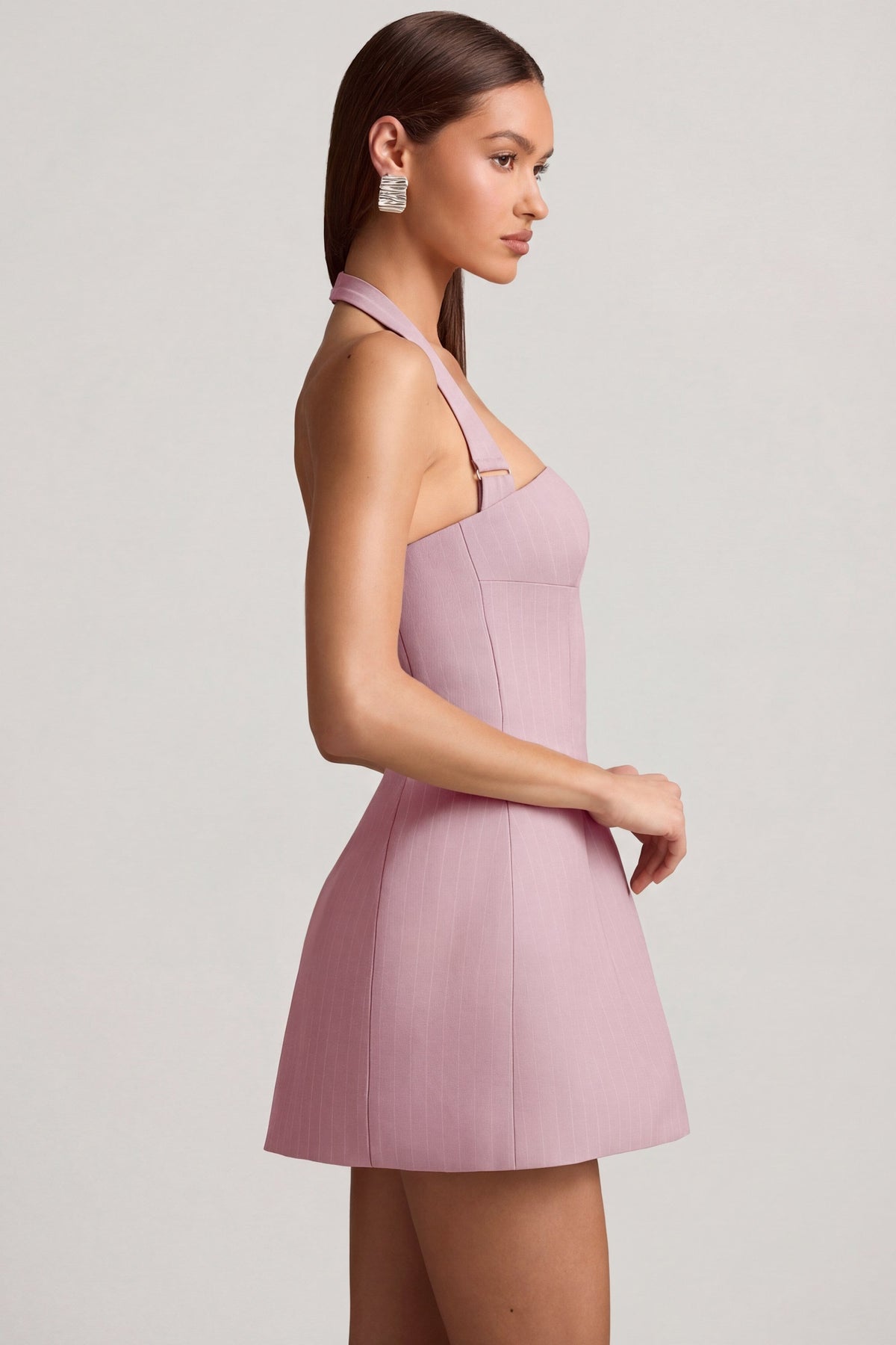 Belavie Odesse Pinstripe Halterneck Structured A-Line Mini Dress in Mauve
