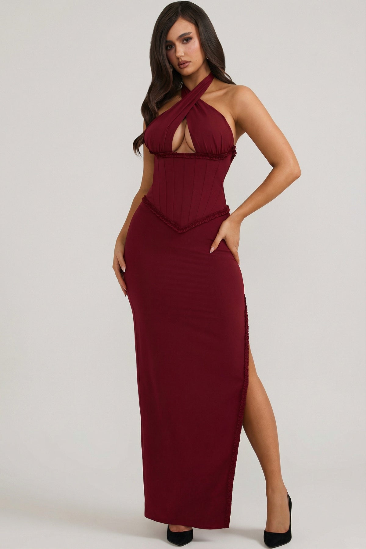 Belavie Penelopa Halterneck Lace-Up Corset Maxi Dress in Berry Red