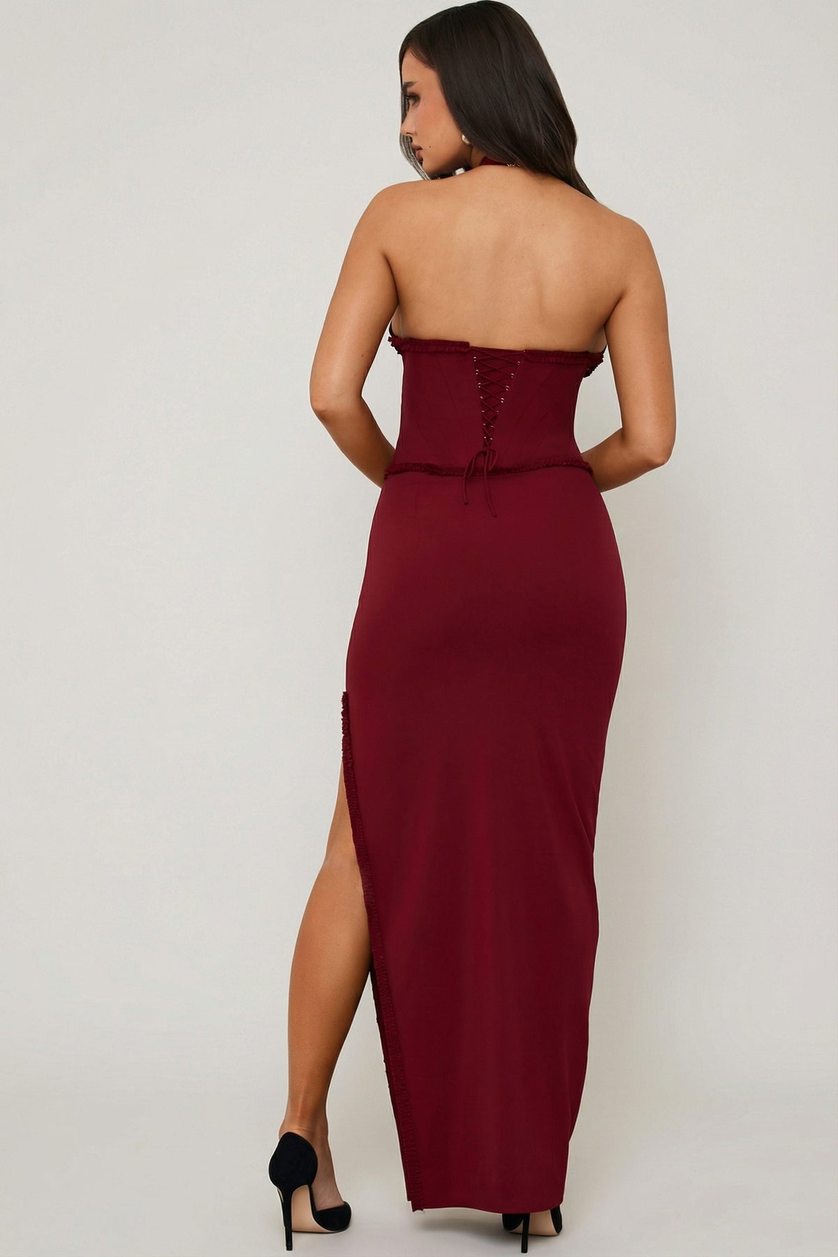 Belavie Penelopa Halterneck Lace-Up Corset Maxi Dress in Berry Red