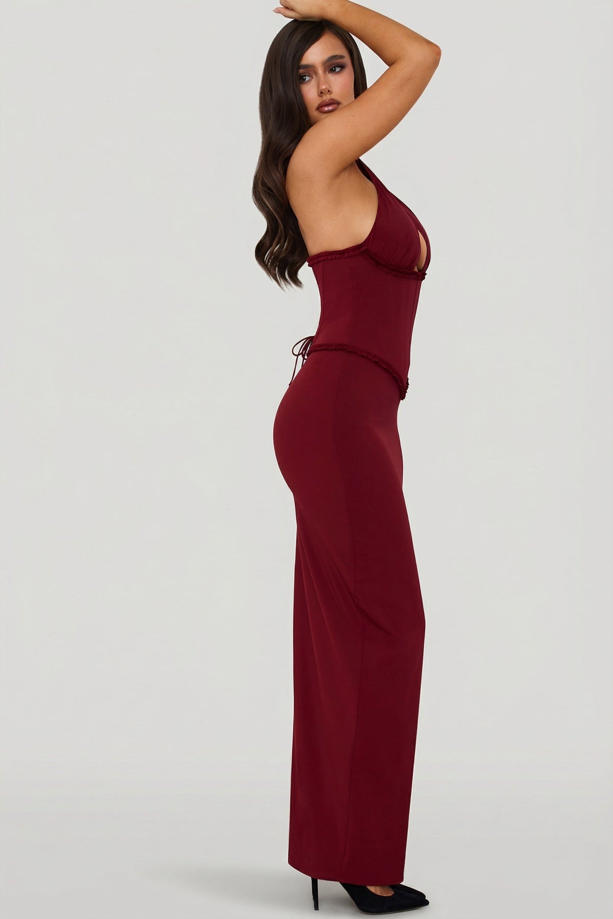 Belavie Penelopa Halterneck Lace-Up Corset Maxi Dress in Berry Red