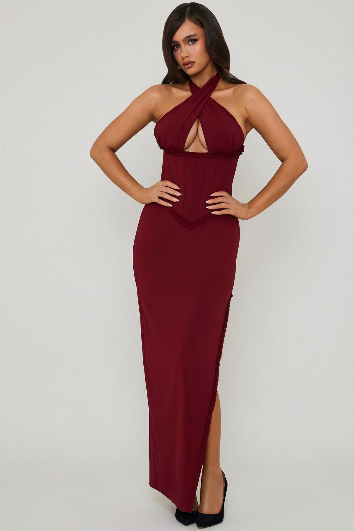 Belavie Penelopa Halterneck Lace-Up Corset Maxi Dress in Berry Red