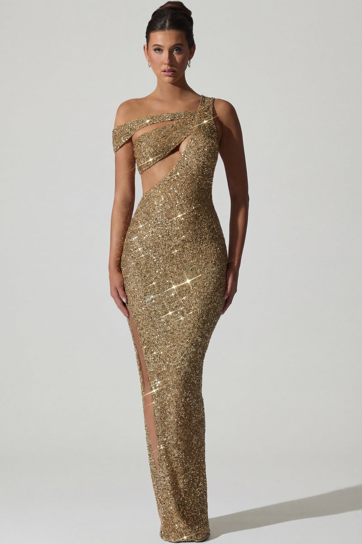 Belavie Persephona Embellished Asymmetric Cut-Out Gown in Gold