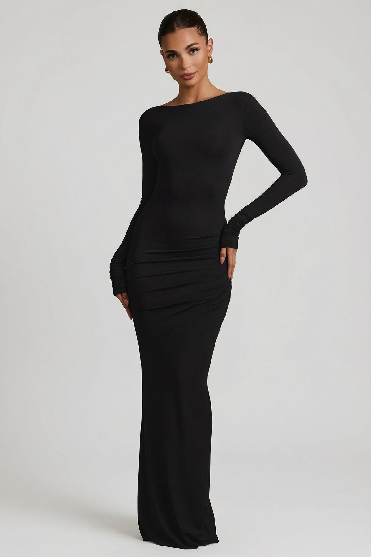 Belavie Regina Modal Ruched Backless Maxi Dress in Black