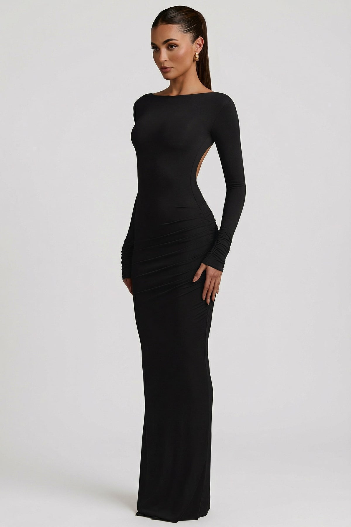 Belavie Regina Modal Ruched Backless Maxi Dress in Black