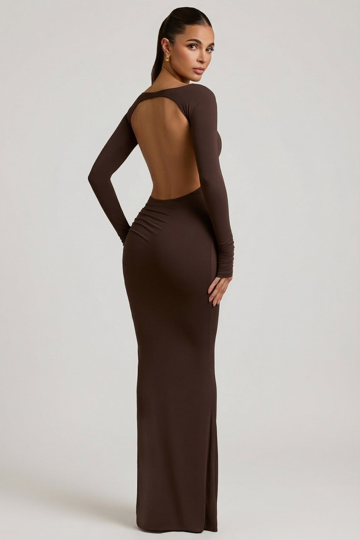 Belavie Regina Modal Ruched Backless Maxi Dress in Chocolate Brown