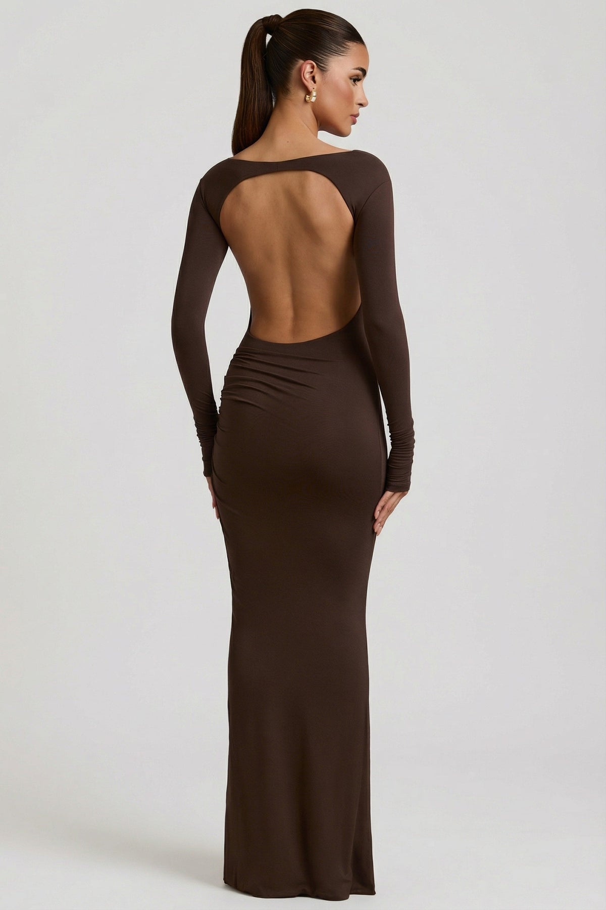 Belavie Regina Modal Ruched Backless Maxi Dress in Chocolate Brown
