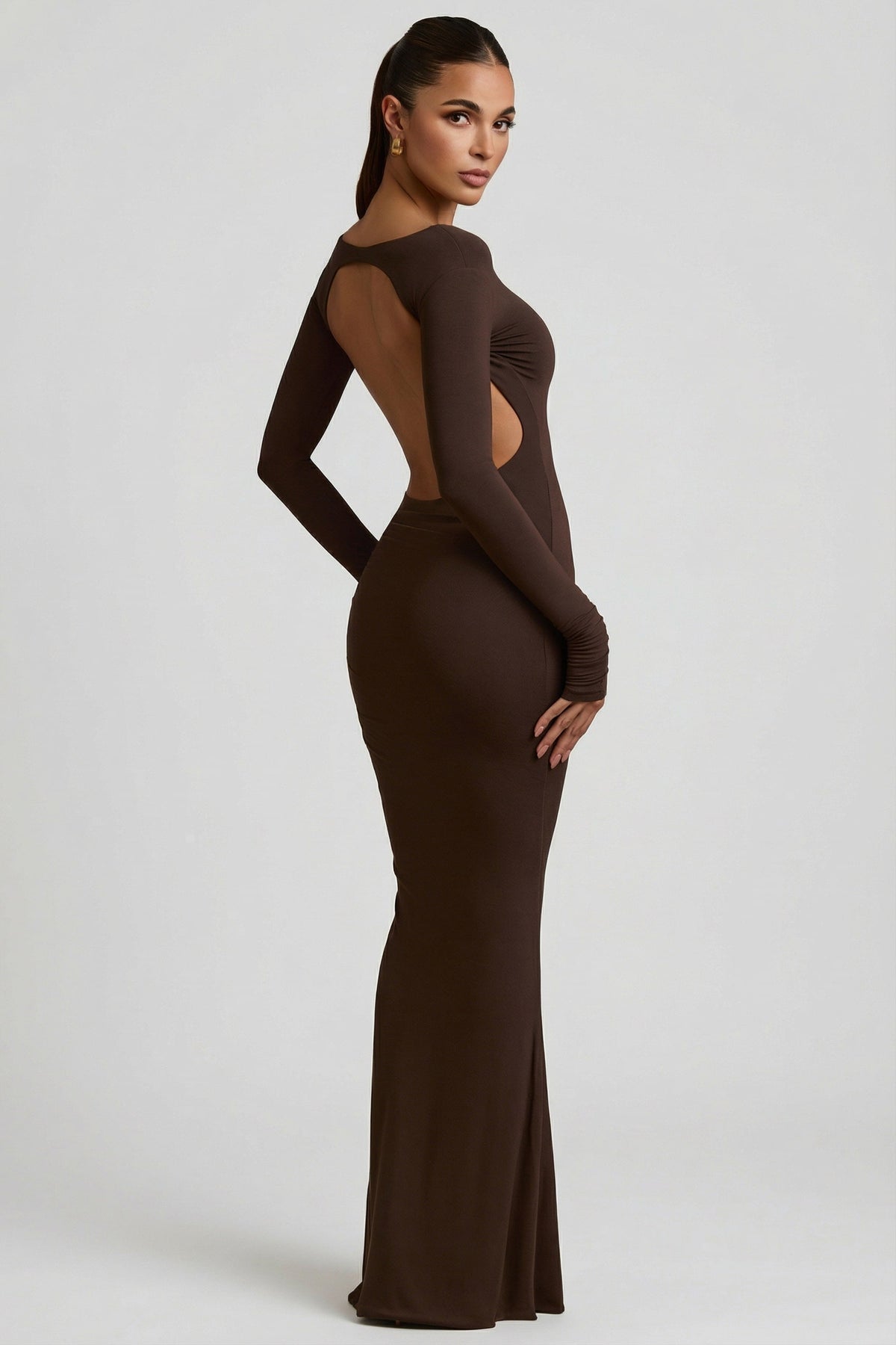 Belavie Regina Modal Ruched Backless Maxi Dress in Chocolate Brown