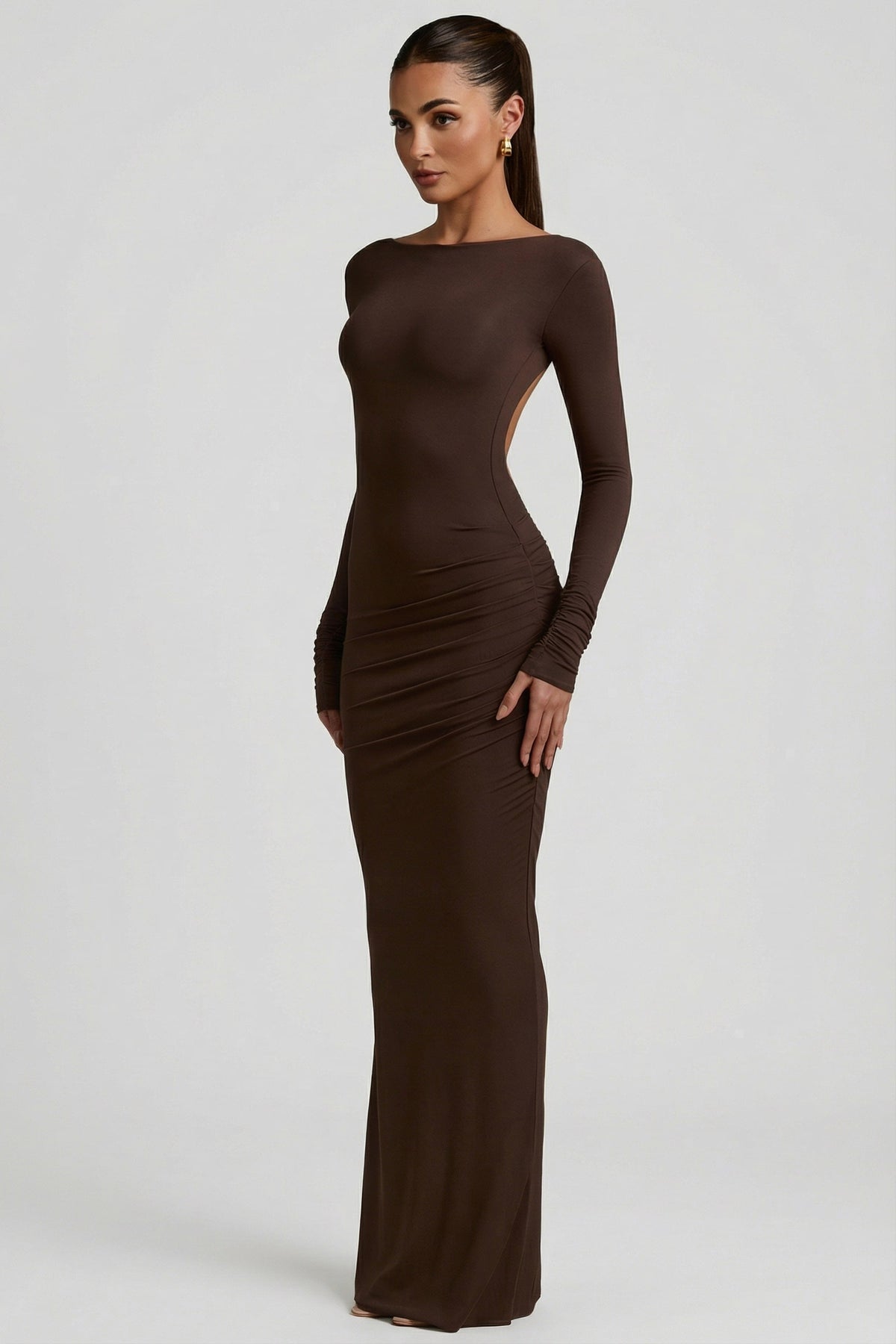 Belavie Regina Modal Ruched Backless Maxi Dress in Chocolate Brown