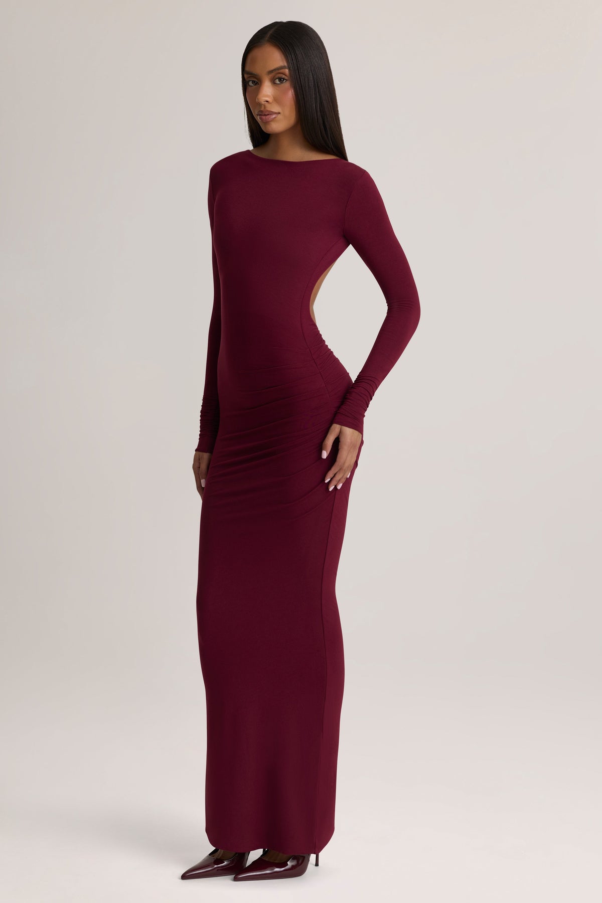 Belavie Regina Modal Ruched Backless Maxi Dress in Wine
