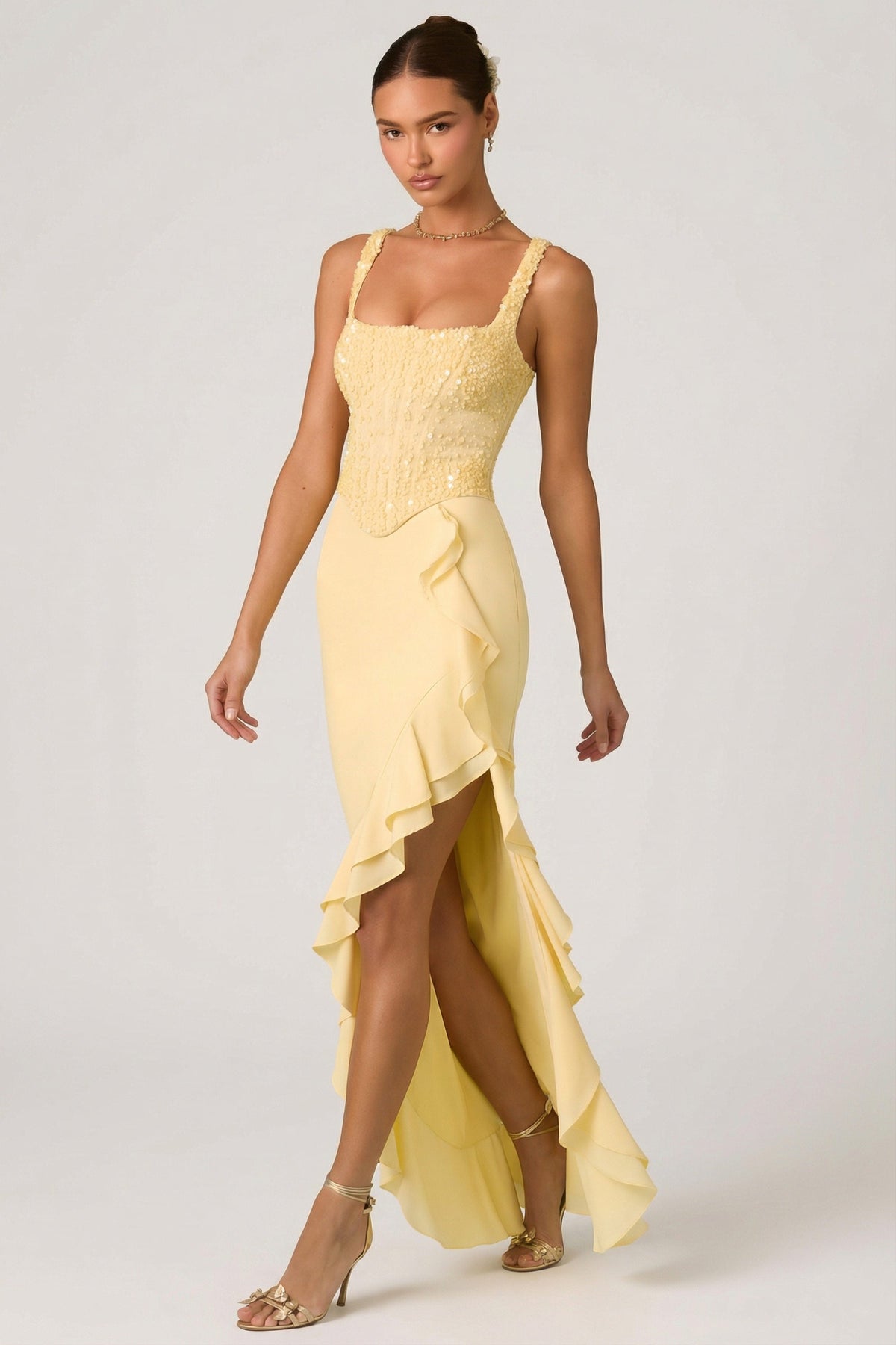 Belavie Robine Embellished Ruffle-Trim Corset Gown in Yellow