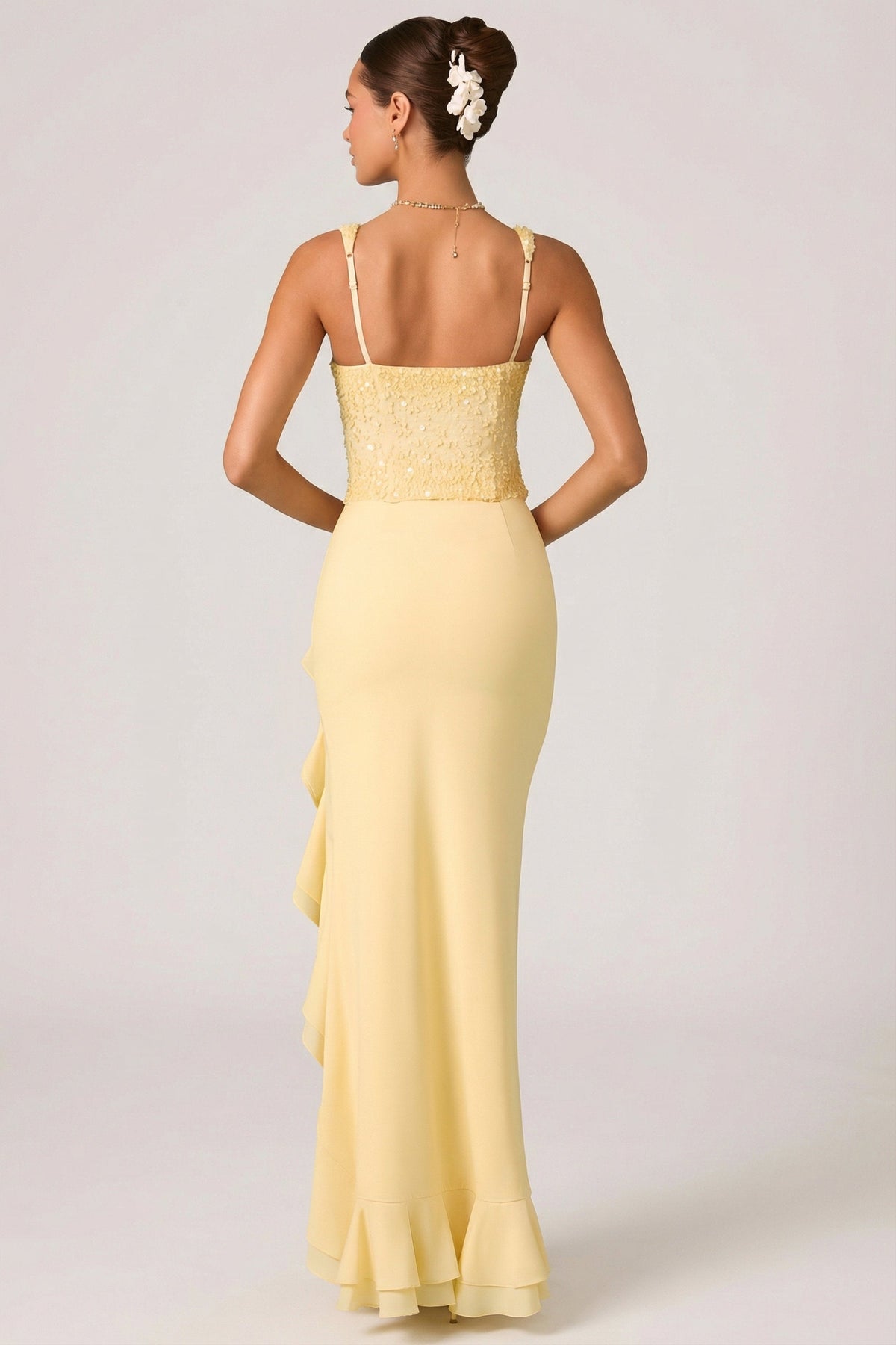Belavie Robine Embellished Ruffle-Trim Corset Gown in Yellow