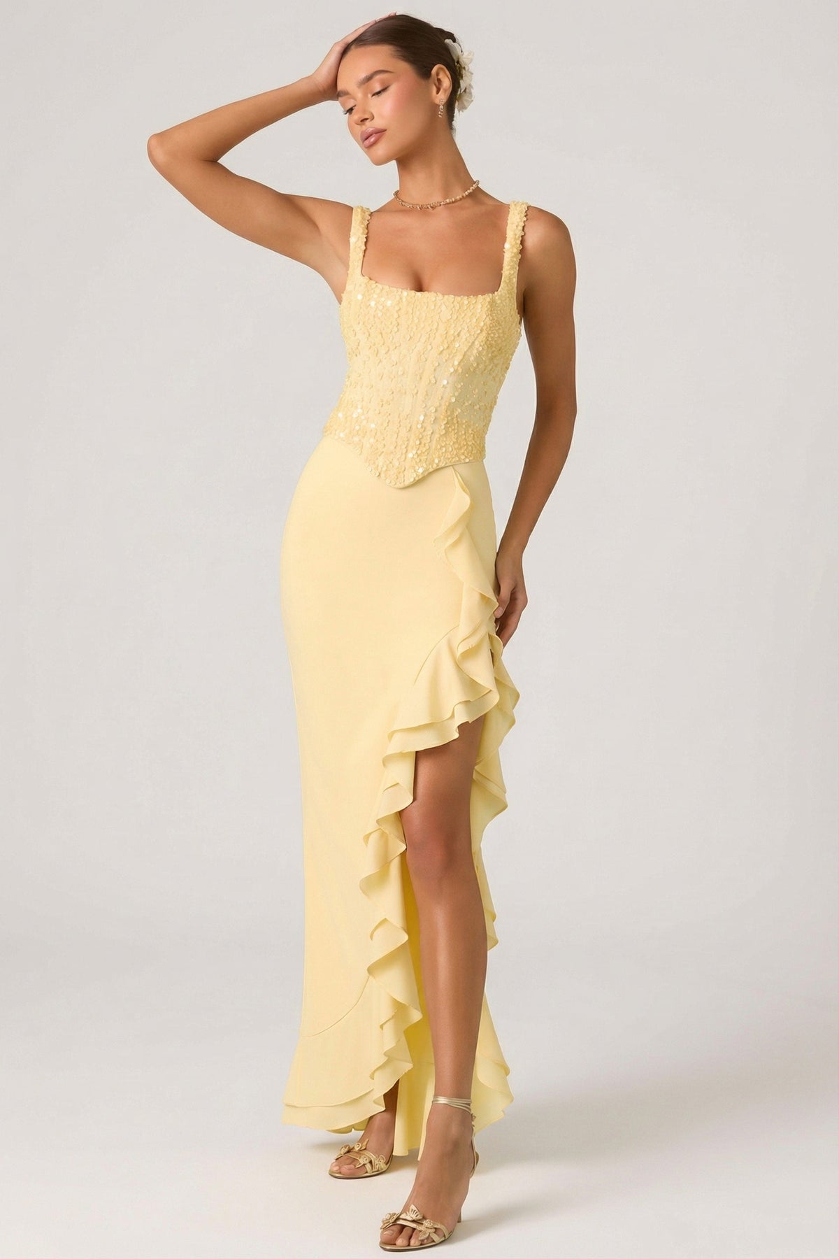 Belavie Robine Embellished Ruffle-Trim Corset Gown in Yellow