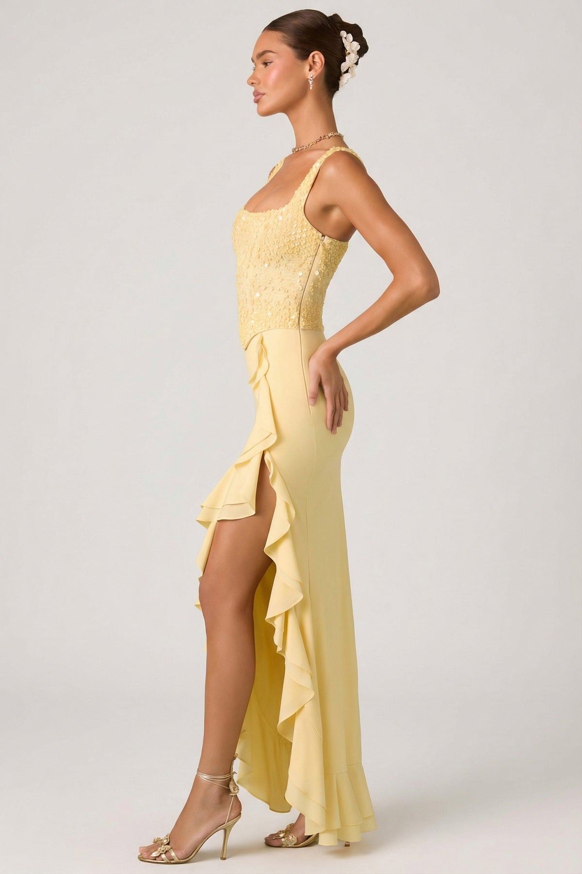 Belavie Robine Embellished Ruffle-Trim Corset Gown in Yellow
