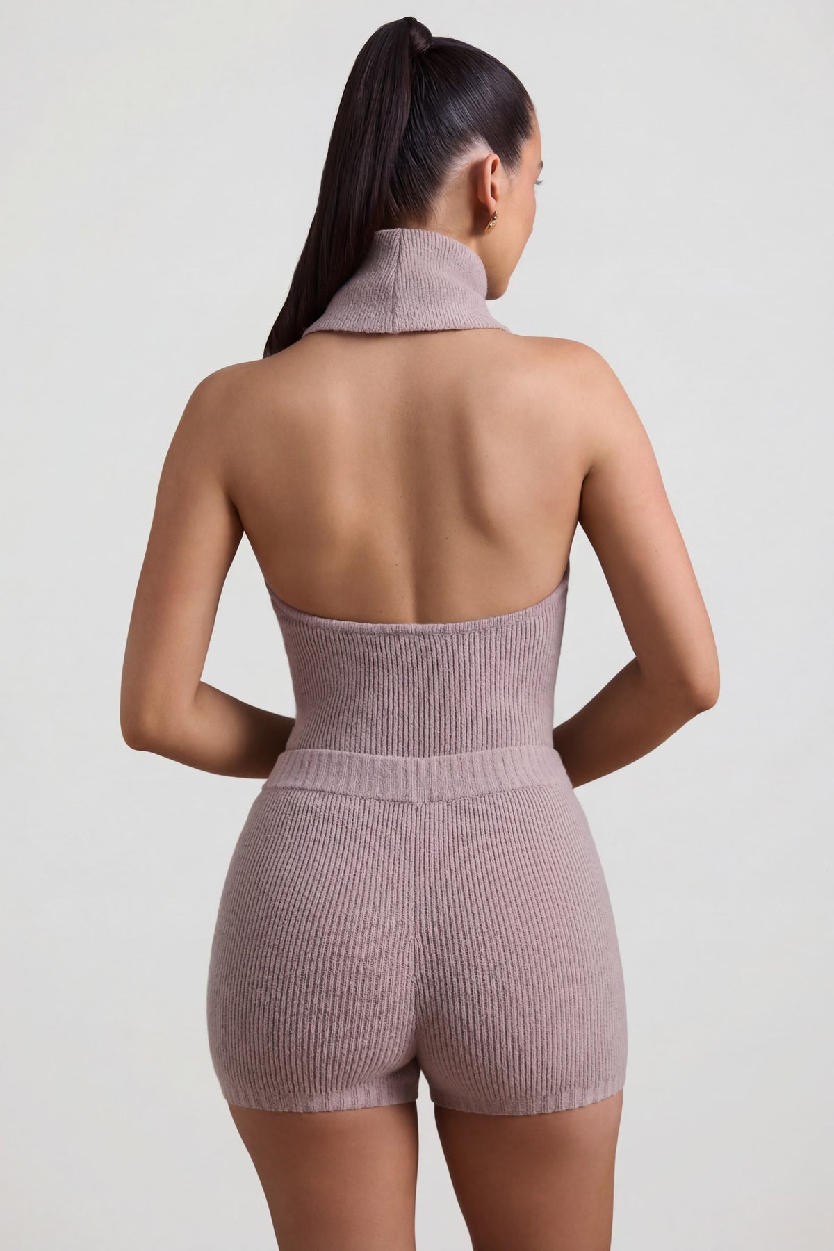 Belavie Sabre Ribbed-Knit Shorts in Taupe