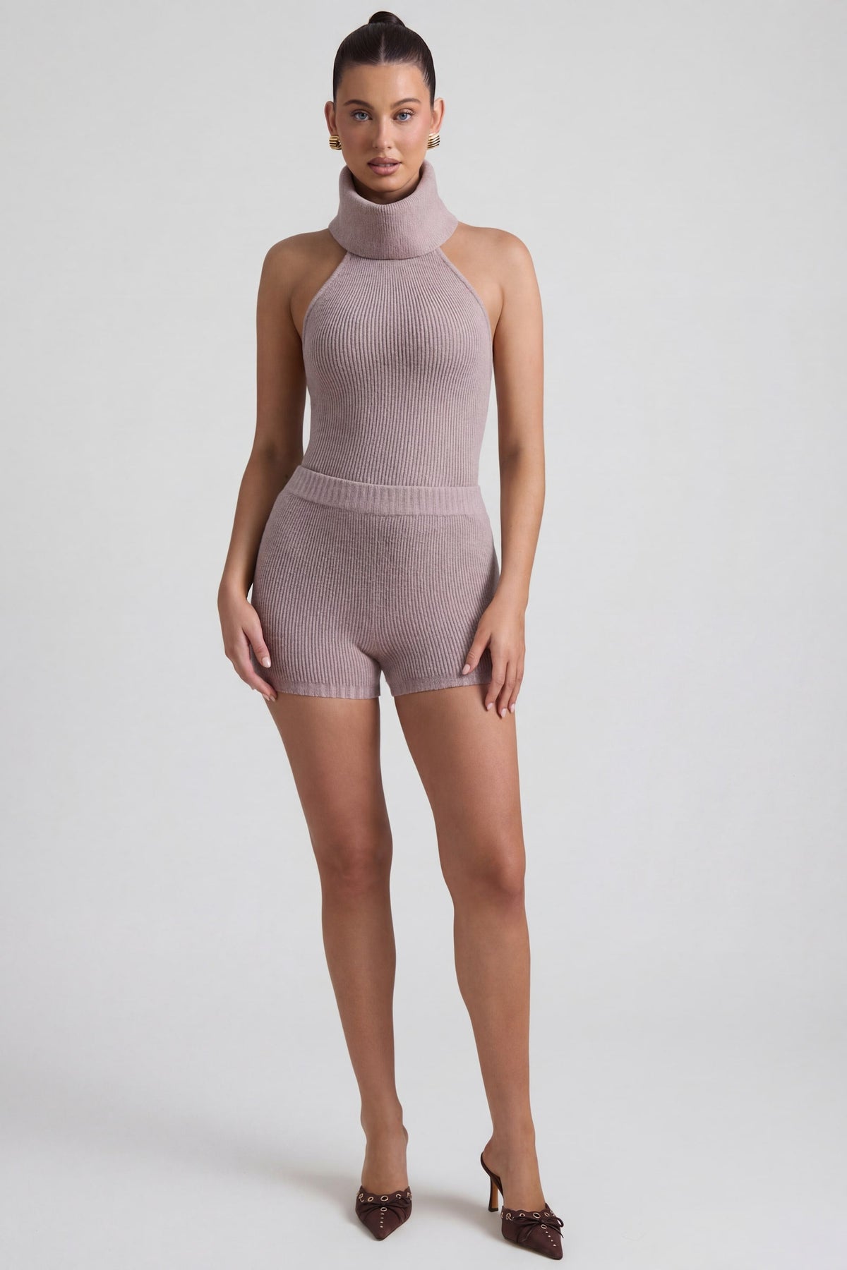 Belavie Sabre Ribbed-Knit Shorts in Taupe