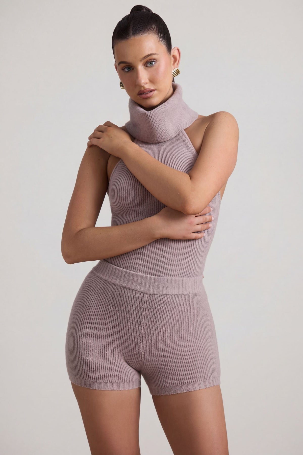 Belavie Sabre Ribbed-Knit Shorts in Taupe