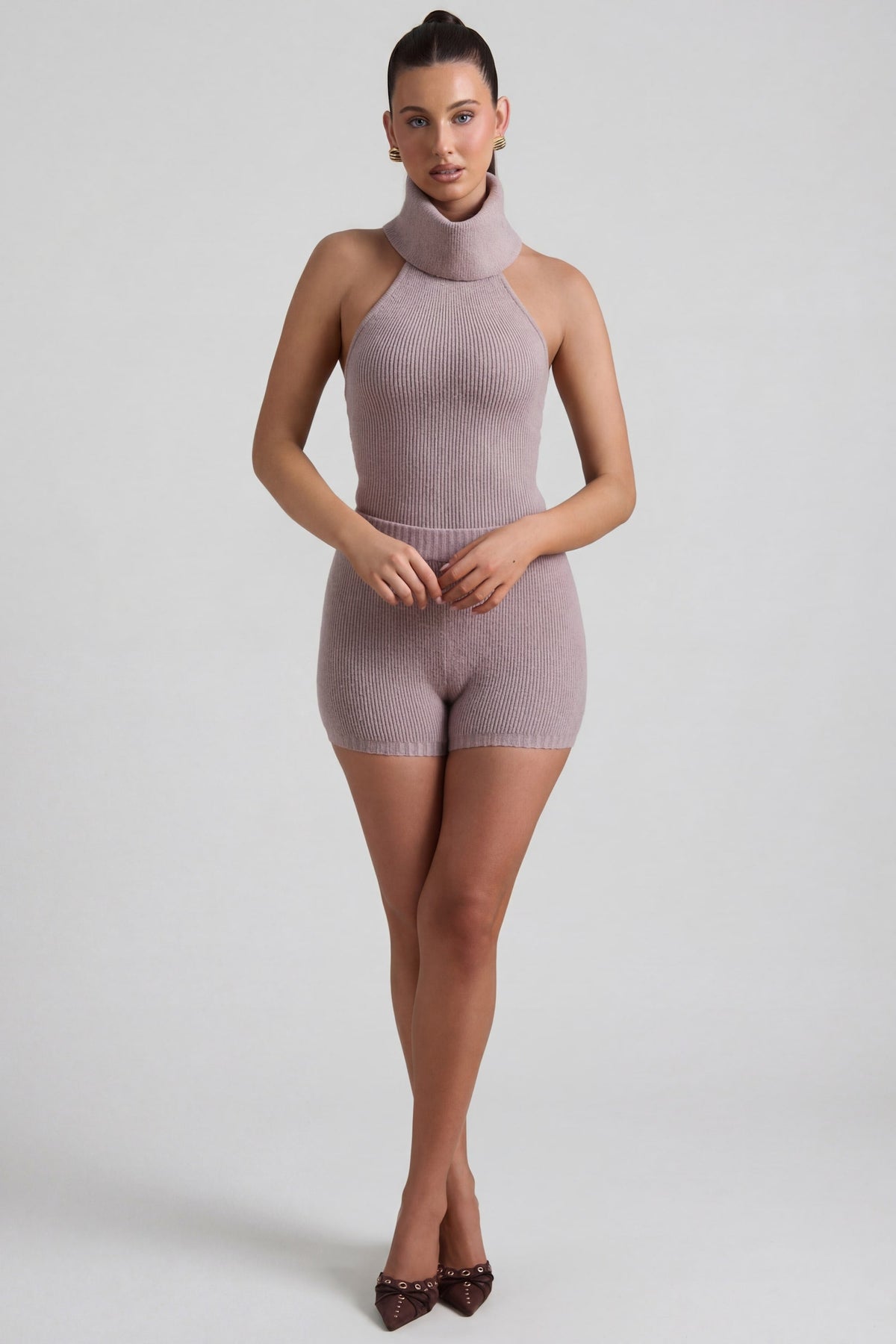 Belavie Sabre Ribbed-Knit Shorts in Taupe