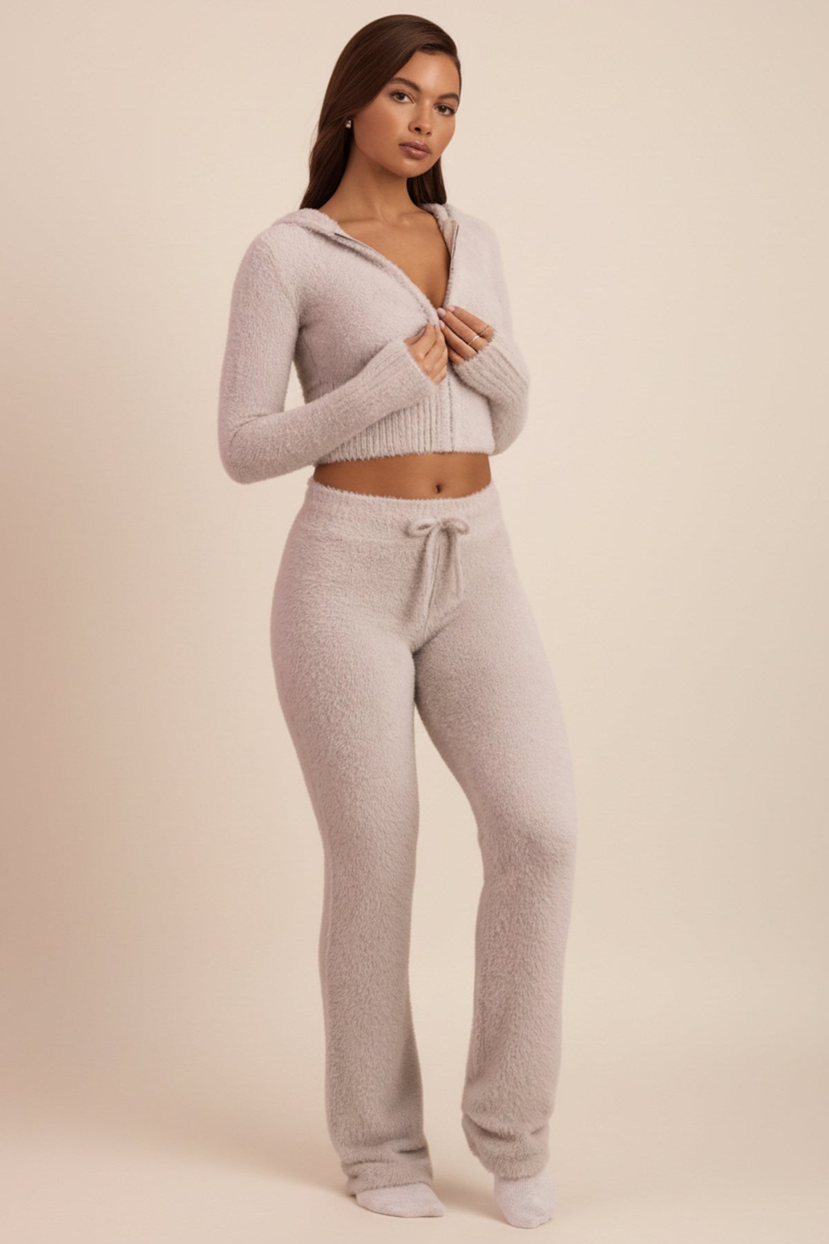 Belavie Safie Fluffy Knit Wide-Leg Trousers in Cloud Grey