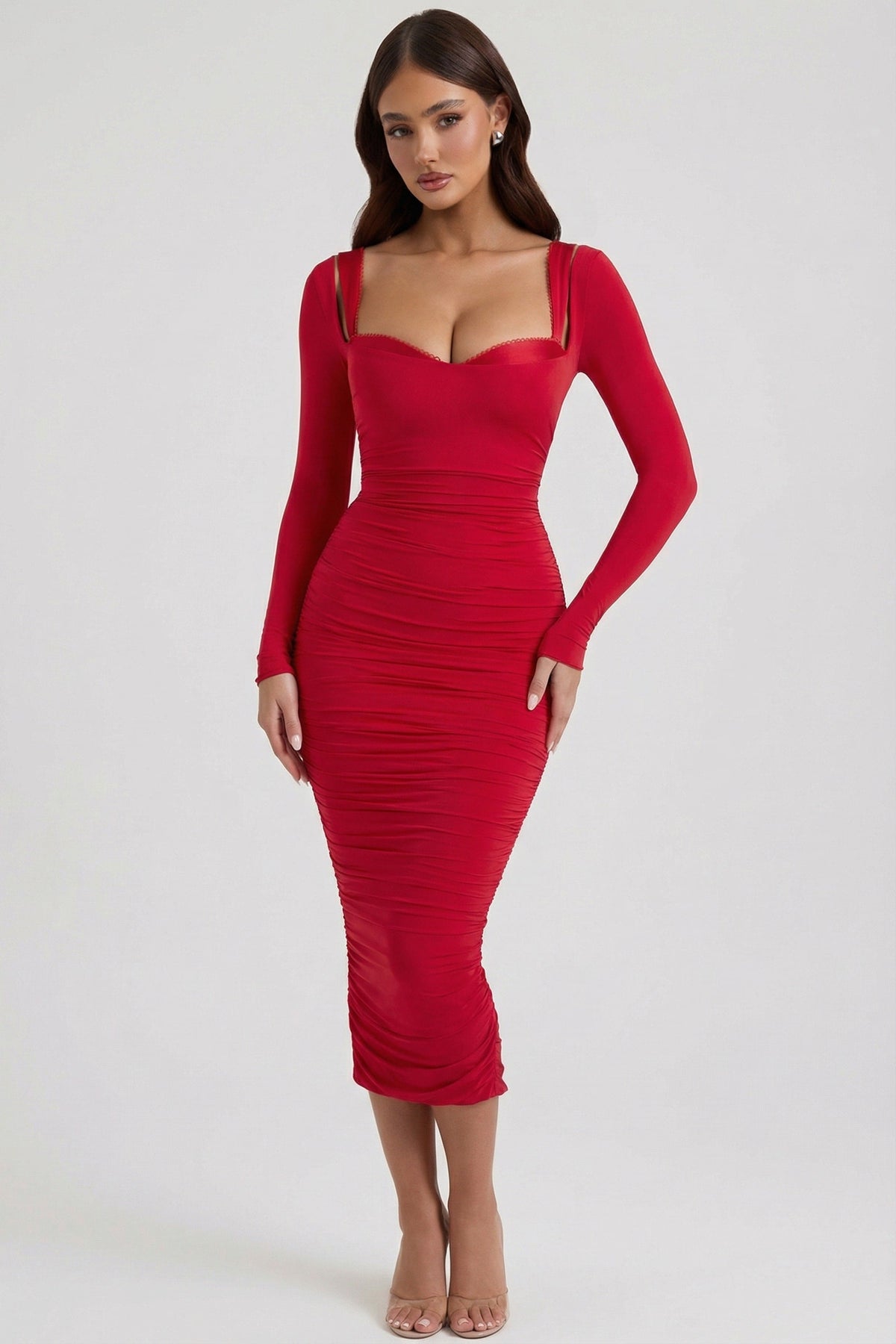 Belavie Deliane Layered Bra-Detail Ruched Midaxi Dress in Red