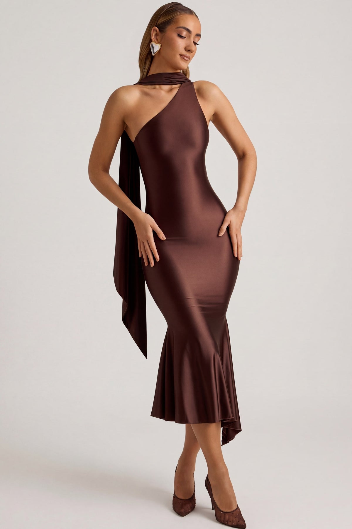 Belavie Shaye Asymmetric Scarf-Detail Midaxi Dress in Chocolate Brown