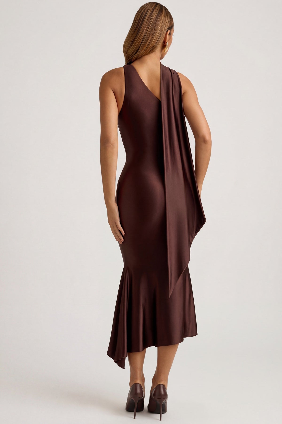 Belavie Shaye Asymmetric Scarf-Detail Midaxi Dress in Chocolate Brown