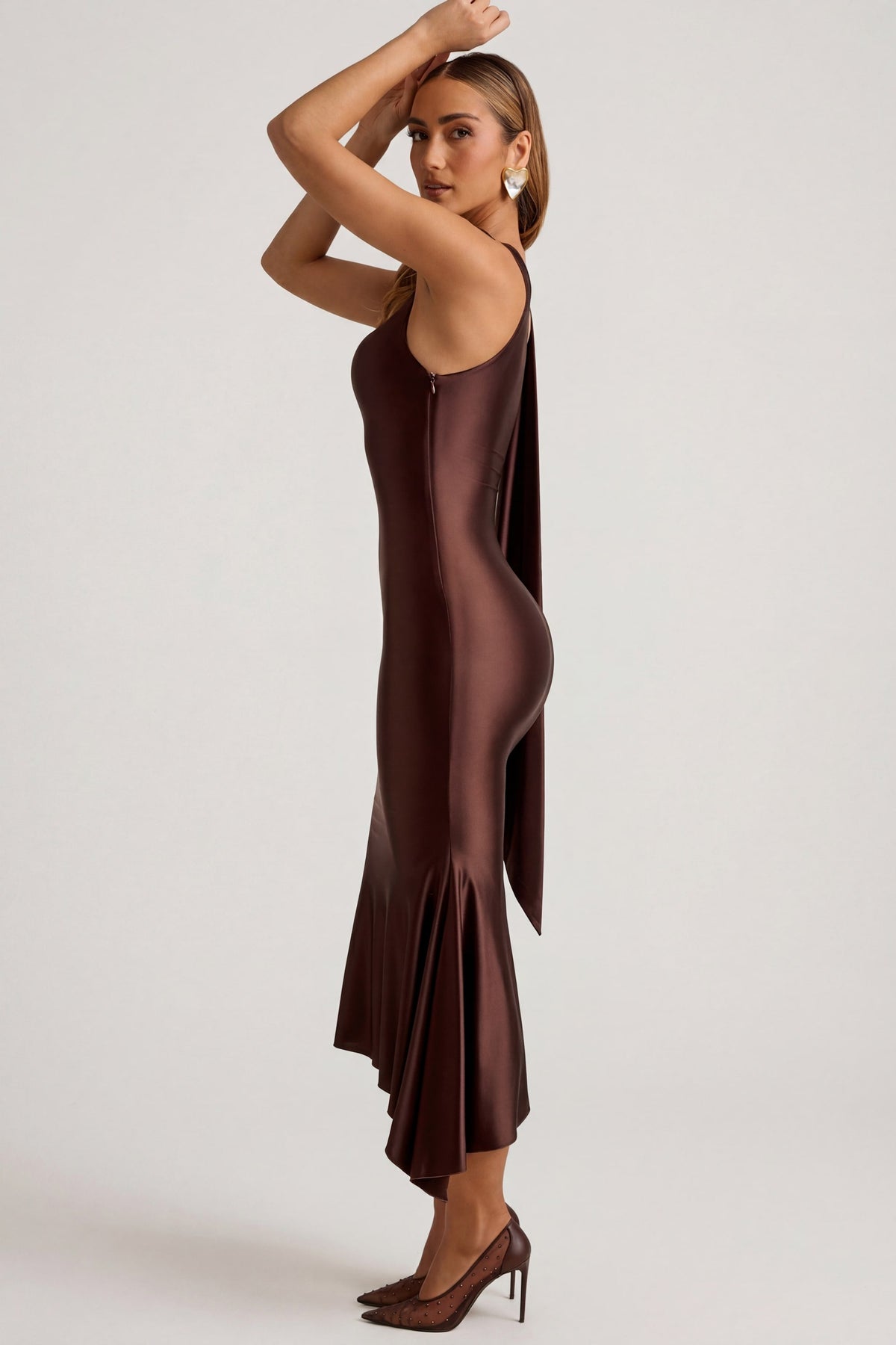 Belavie Shaye Asymmetric Scarf-Detail Midaxi Dress in Chocolate Brown
