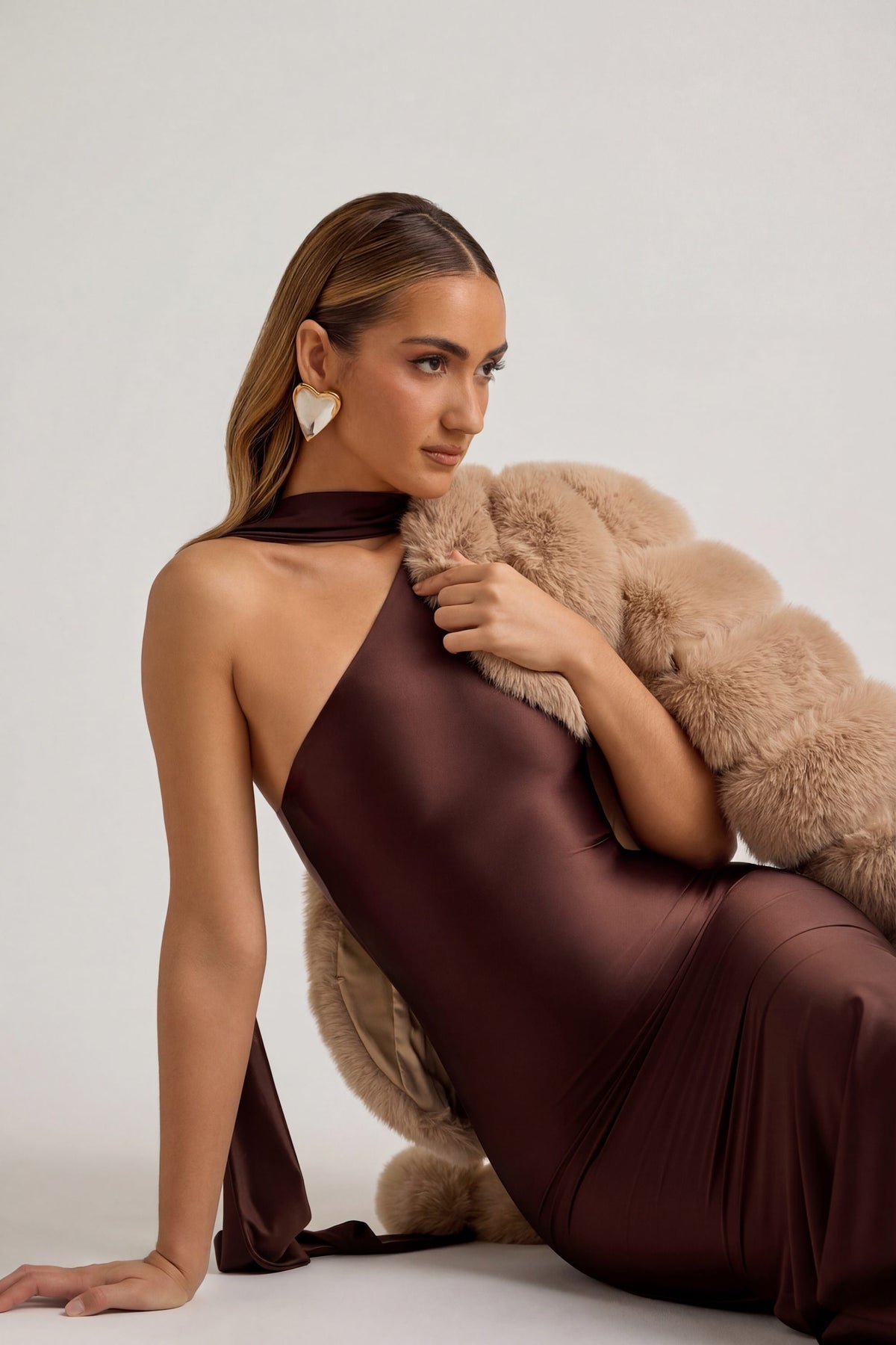 Belavie Shaye Asymmetric Scarf-Detail Midaxi Dress in Chocolate Brown