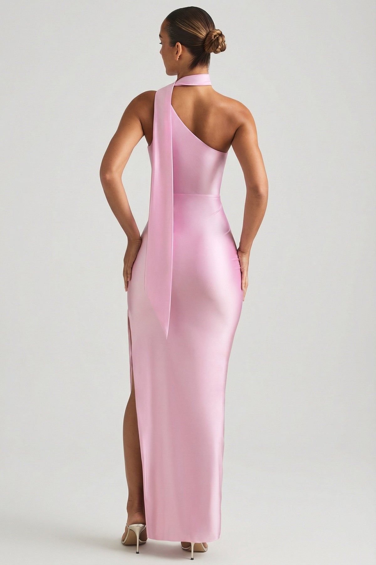 Belavie Sherel Asymmetric Scarf-Detail Maxi Dress in Candyfloss Pink