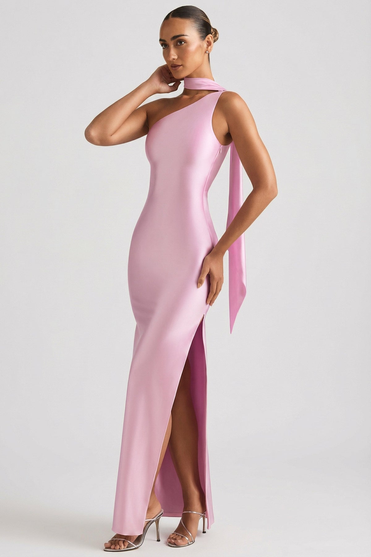 Belavie Sherel Asymmetric Scarf-Detail Maxi Dress in Candyfloss Pink