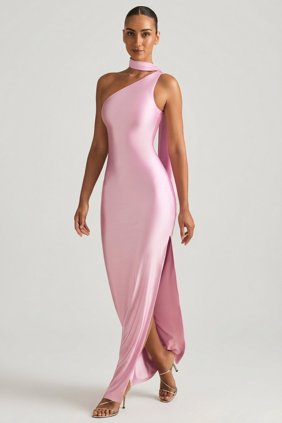 Belavie Sherel Asymmetric Scarf-Detail Maxi Dress in Candyfloss Pink