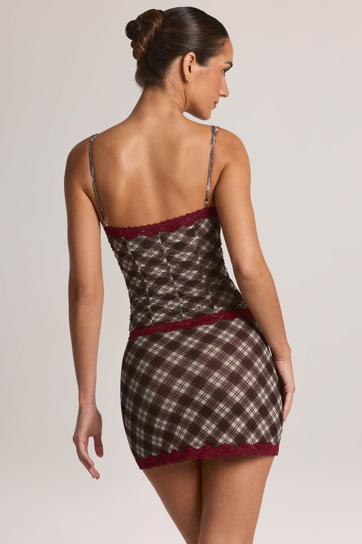 Belavie Sorran Lace-Trim Mini Dress in Diagonal Check Print